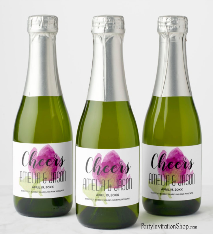 Cheers Purple Watercolor Tulip Mini Champagne Bottle Labels - See the entire suite at PartyInvitationShop.com