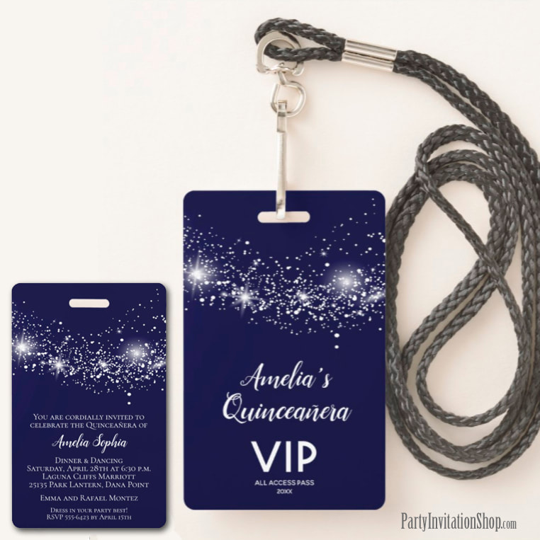 Chic Glitter on Navy Quinceañera Invite VIP Pass Badges