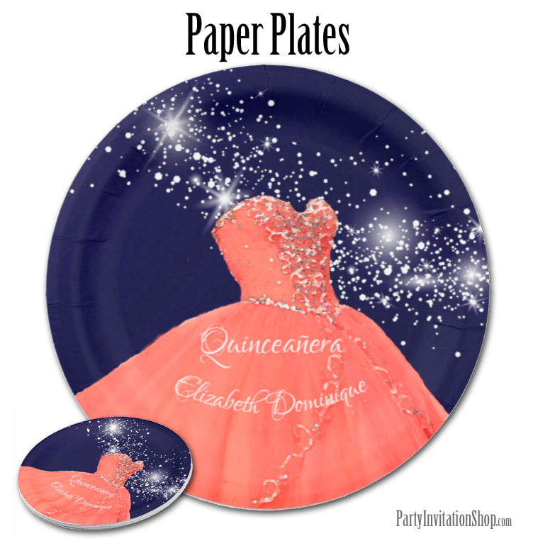 Elegant Quinceañera Coral Gown Paper PlateS