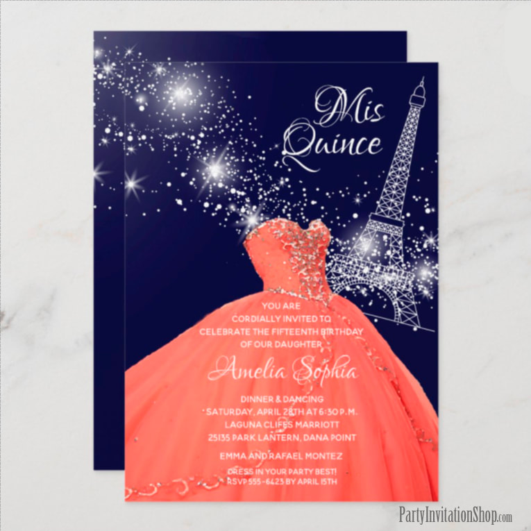 Chic Quinceañera Coral Gown Eiffel Tower Invitations