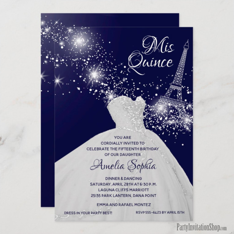 Elegant Quinceañera White Gown Eiffel Tower Invitations