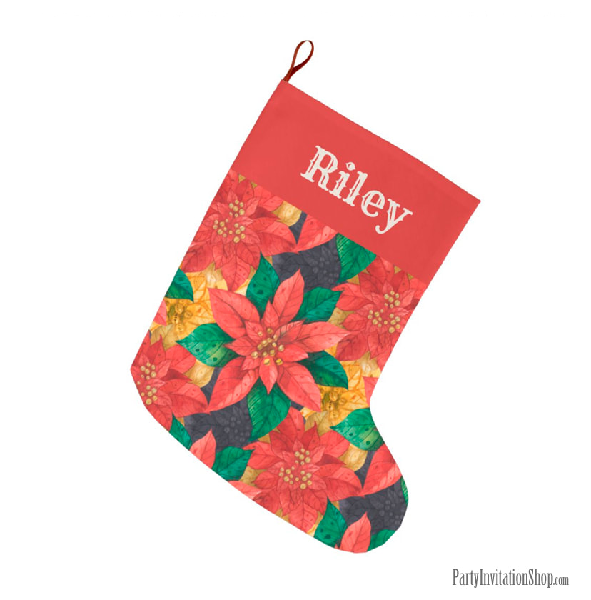 Christmas Stocking in the Red and Gold Poinsettias Collection at PartyInvitationShop.com