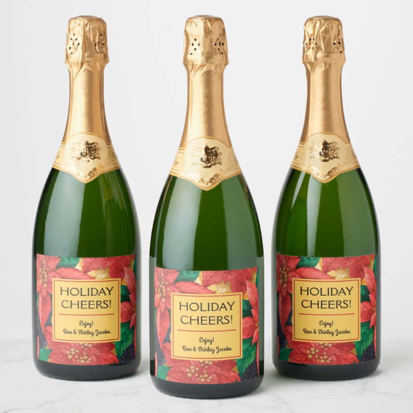 Poinsettia Champagne Bottle Labels Personalized
