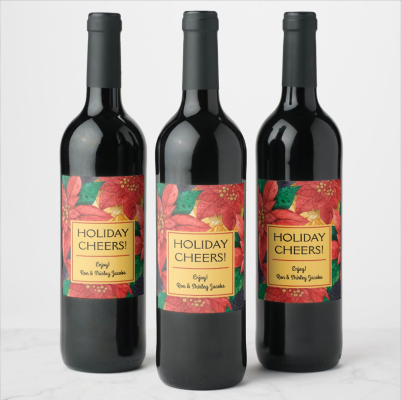 Poinsettia Wine Bottle Labels Personalized