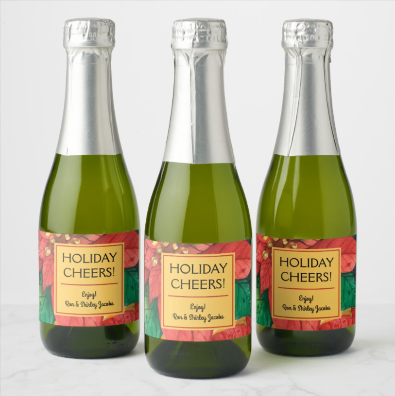 Poinsettia Mini Champagne Bottle Labels Personalized