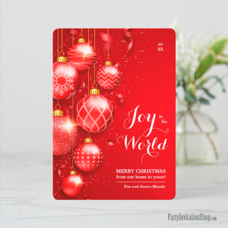 Red Christmas Tree Ornaments Joy to the World Holiday Cards