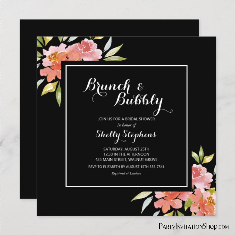 Chic Floral Brunch and Bubbly Black Invitations