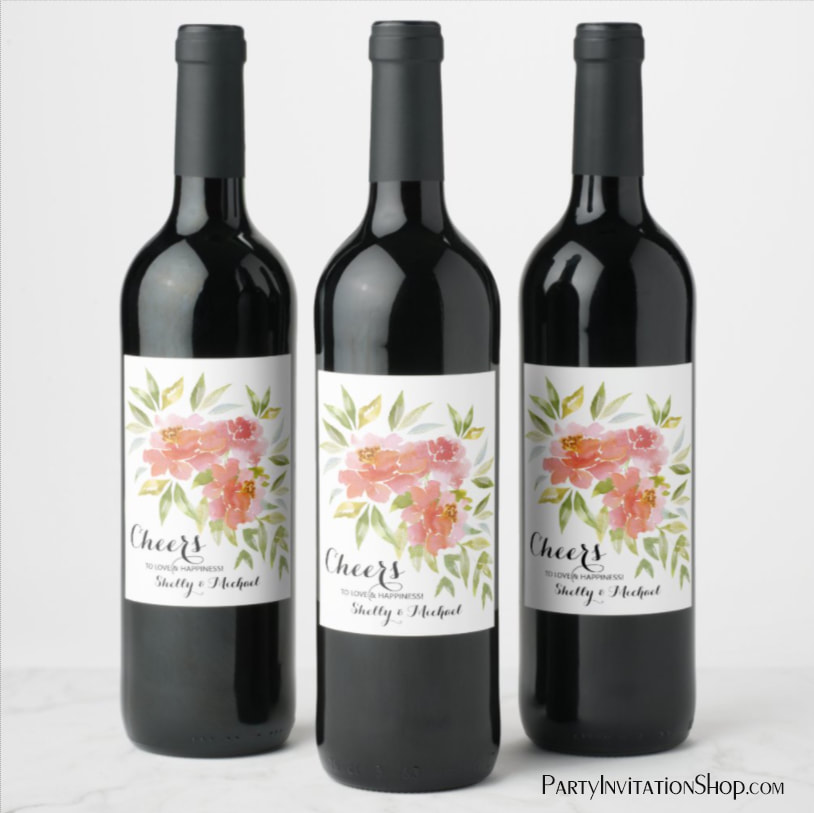 Watercolor Greenery and Flowers Cheers Wedding Wine Labels Personalized