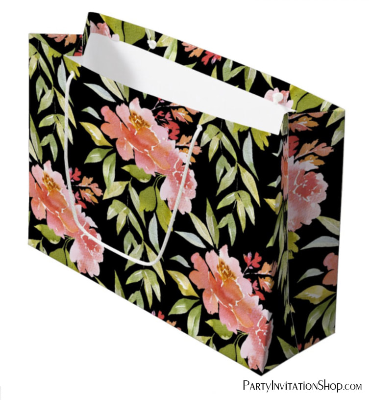 Watercolor Red Floral on Black Large Gift Bags