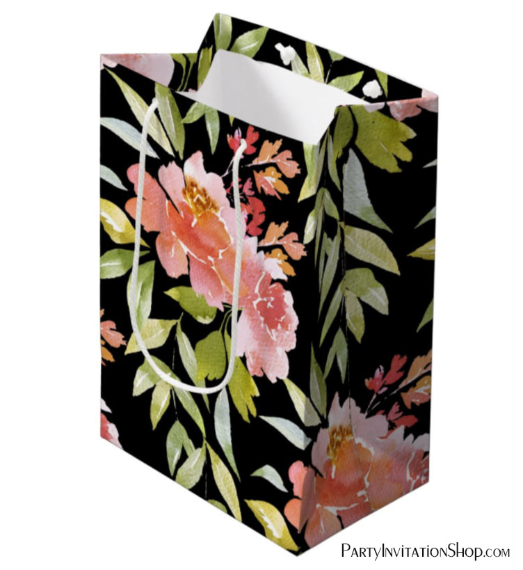 Watercolor Red Floral on Black Medium Gift Bags
