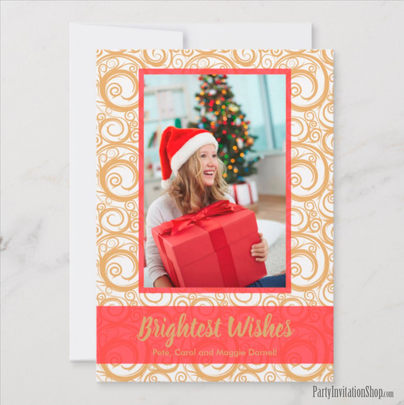 Red on Gold Swirls Christmas Photo Cards at PartyInvitationShop.com
