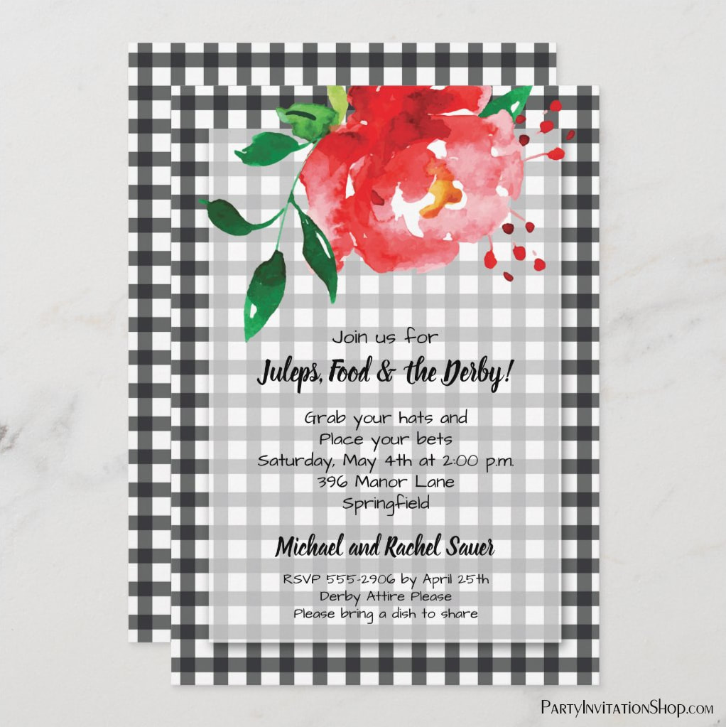 Rose on Gingham Kentucky Derby Party Invitations, Derby Bridal Shower Invitations + Party Supplies, Favor Boxes and more. PartyInvitationShop.com