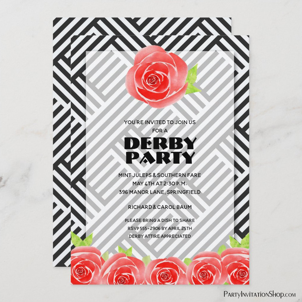 Boxed Stripes & Red Roses Kentucky Derby Party Invitations, Derby Bridal Shower Invitations + Party Supplies, Favor Boxes and more. PartyInvitationShop.com