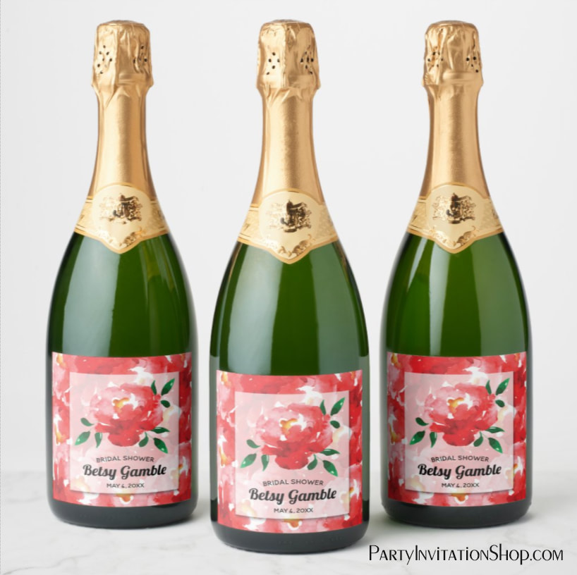 Watercolor Red Roses Bridal Shower Champagne Labels
