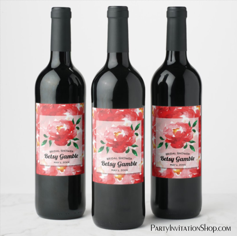 Watercolor Red Roses Bridal Shower Wine Labels
