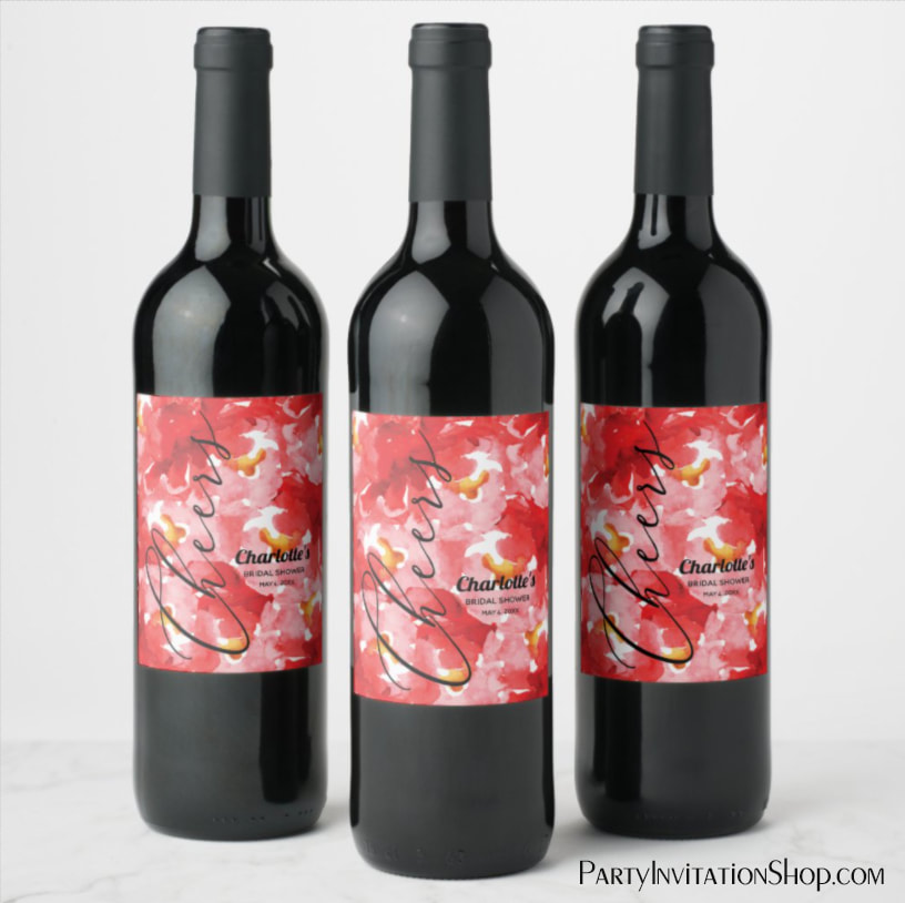 Watercolor Red Roses Bridal Shower Wine Labels