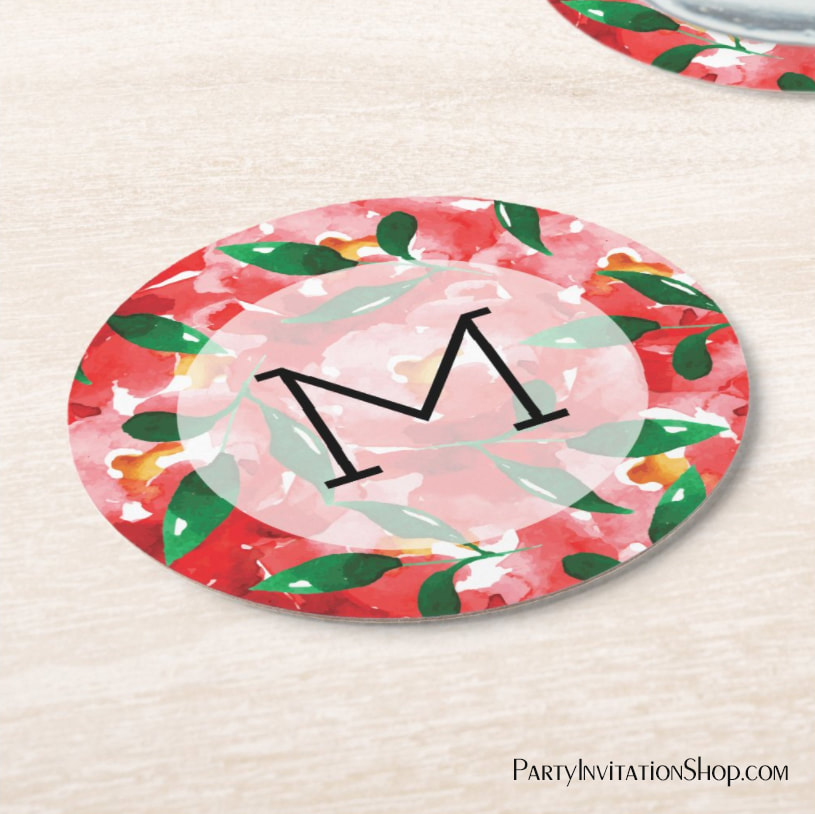 Red Roses Monogram Round Paper Coasters