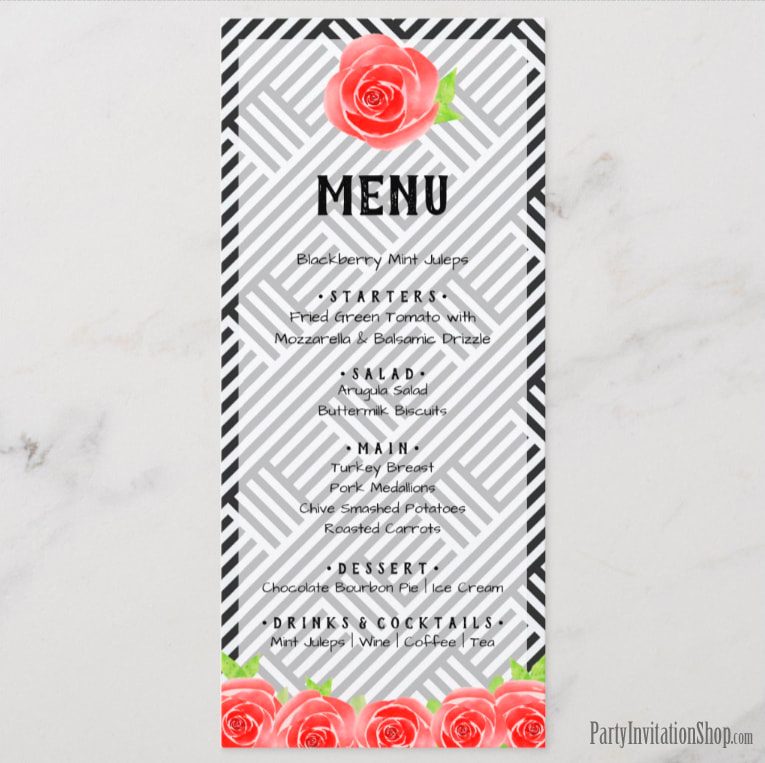 Red Rose on Boxed Black & White Stripes Menu Cards