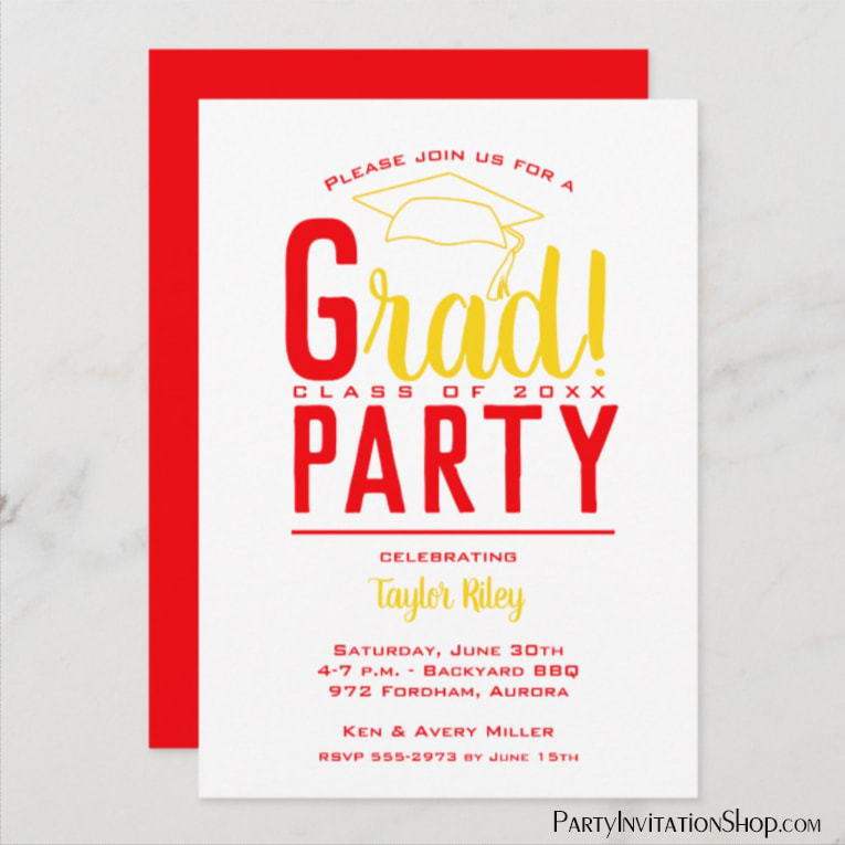 RAD graduation party invitations or graduation announcements in your school colors with a grad cap on the top, just change the wording to fit your event. Ohio State colors of scarlet and black (we have one with scarlet and gray, too.)  Use for college or high school graduation. LOTS OF COLOR combinations already pre-made ready to personalize with your information. Shop PartyInvitationShop.com