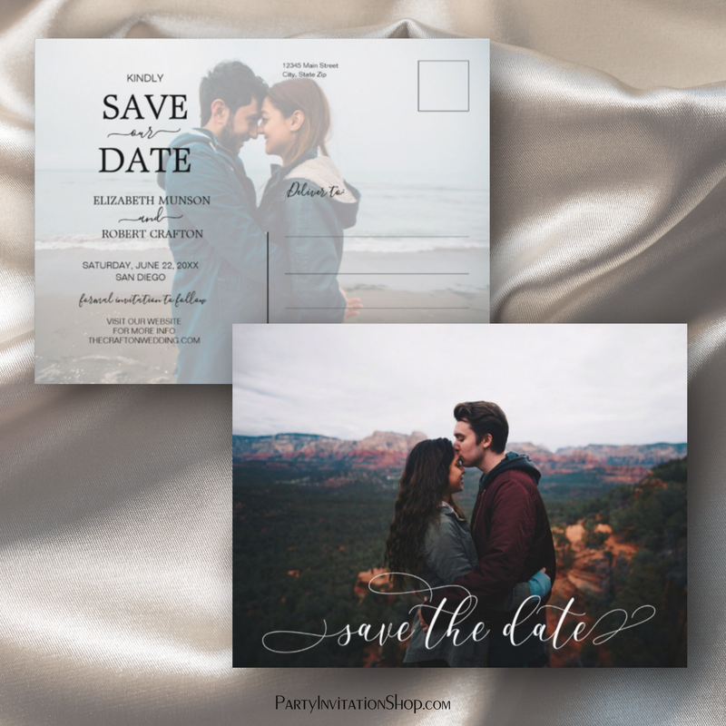 Romantic White Script Wedding Photo Save the Date Announcement Postcards