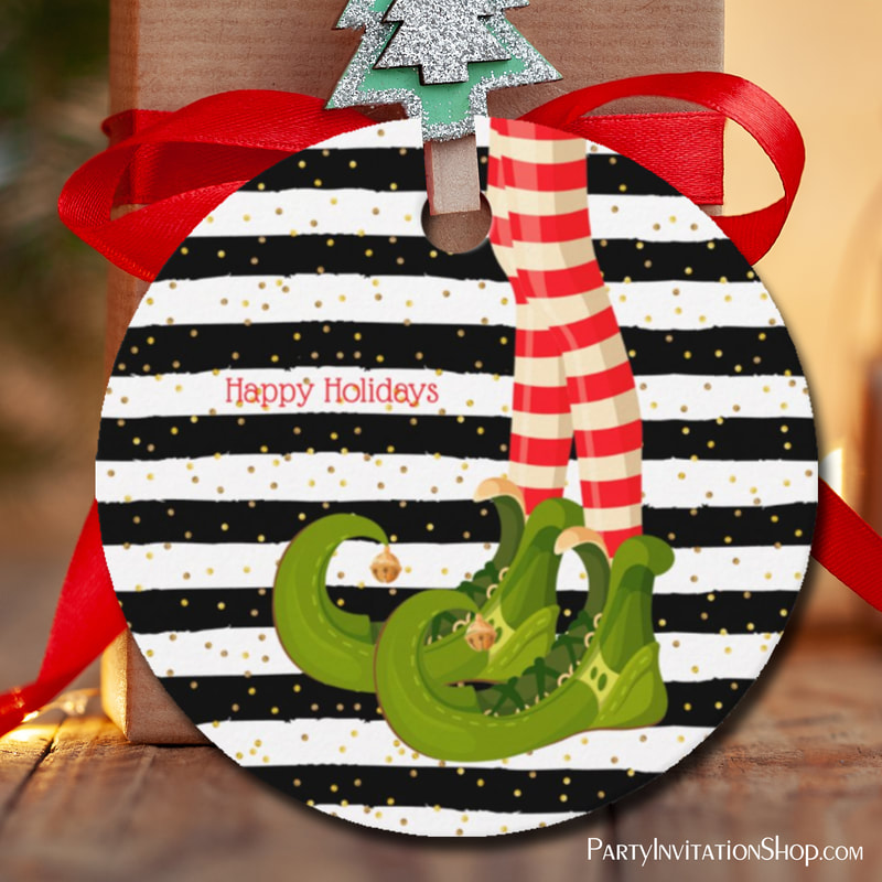 Elf Legs on Black and White Stripes Round Favor Tags