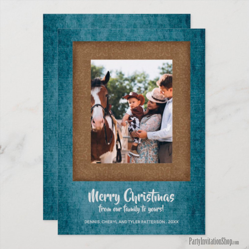 Denim Blue and Brown Damask Christmas Photo Cards at PartyInvitationShop.com