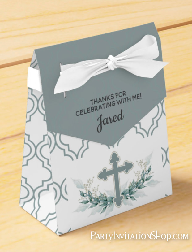 Sage Cross and Wreath Party Favor Box - First Communion, Christening, Baptism - at PartyInvitationShop.com MATCHING invitations, thank yous, plates, napkins and more. 