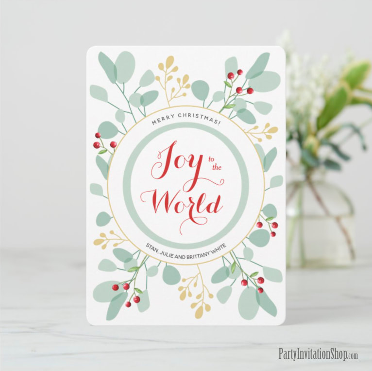 Sage Leaves and Berries Joy to the World Holiday Cards