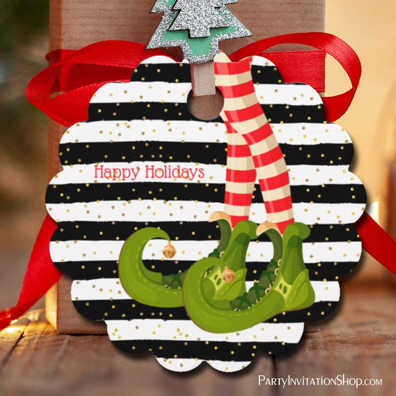 Elf Legs on Black and White Stripes Scalloped Favor Tags
