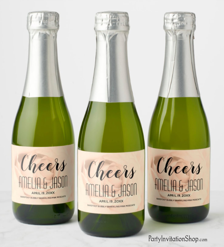 Sepia Rose mini champagne / wine bottle personalized labels. PartyInvitationShop.com