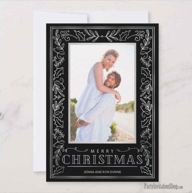 Silver Greenery on Black Holiday Photo Cards at PartyInvitationShop.com