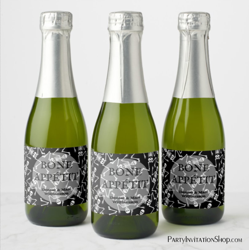 Skeletons on Black Mini Champagne Labels
