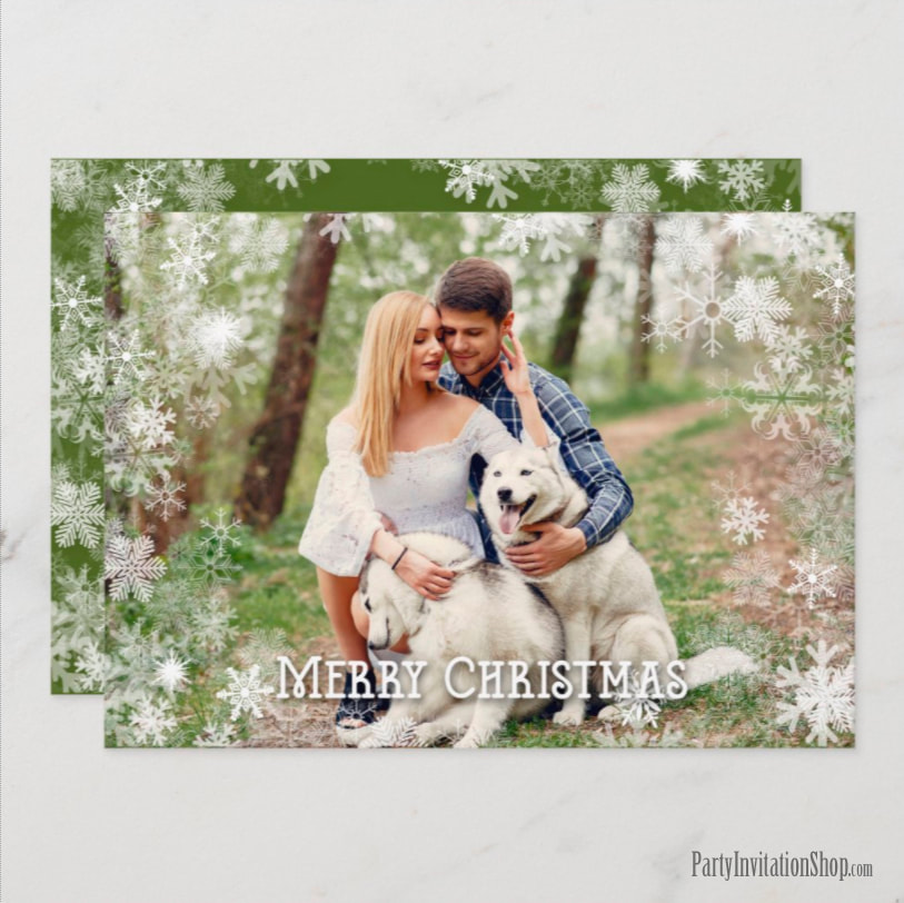 Merry Christmas White Snowflakes Border Photo Cards at PartyInvitationShop.com