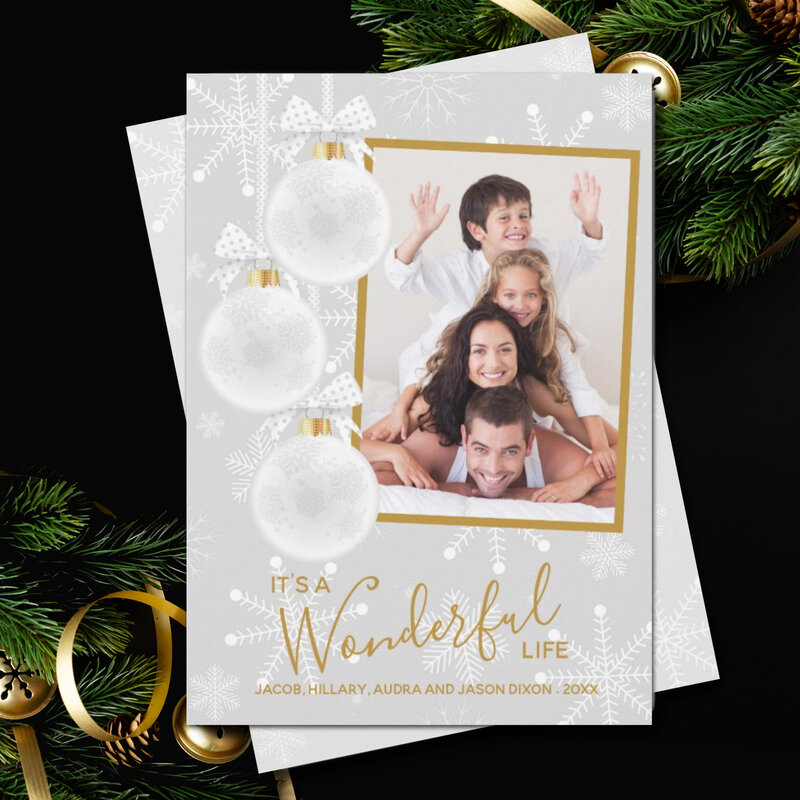 Elegant Snowflake White Ornament Christmas Holiday Photo Cards - PartyInvitationShop.com