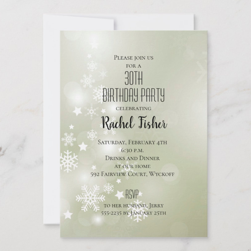 White snowflakes and stars on a beautiful sage green bokeh (blurred lights) background, perfect for winter themed engagement party invitations, birthday invitations and more, just change the wording. Shop PartyInvitationsShop.com