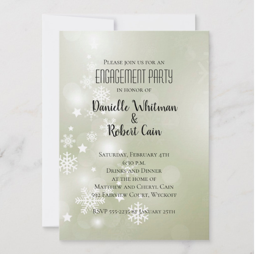 White snowflakes and stars on a beautiful sage green bokeh (blurred lights) background, perfect for winter themed engagement party invitations, birthday invitations and more, just change the wording. Shop PartyInvitationsShop.com