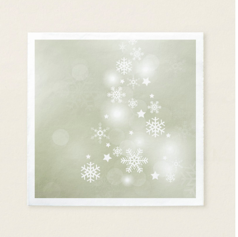 White snowflakes and stars on a beautiful sage green bokeh (blurred lights) background paper napkins - matches our winter themed engagement party invitations, birthday invitations and more. Shop PartyInvitationsShop.com