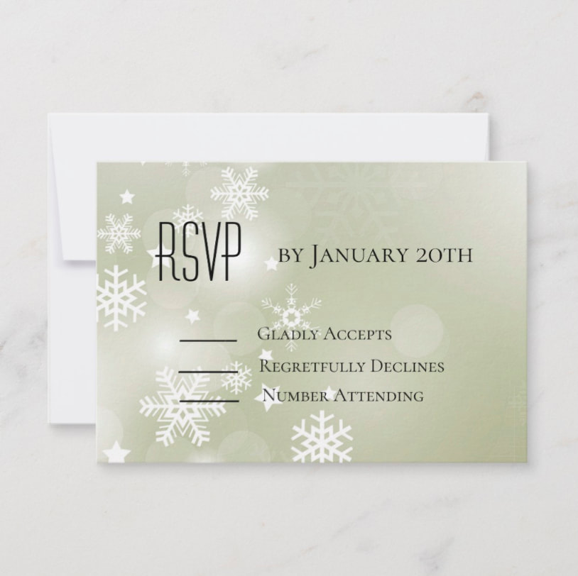 White snowflakes and stars on a beautiful sage green bokeh (blurred lights) background, RSVP Cards for our matching invitations, perfect for winter themed engagement party invitations, birthday invitations and more. Shop PartyInvitationsShop.com