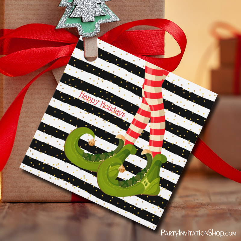 Elf Legs on Black and White Stripes Square Favor Tags