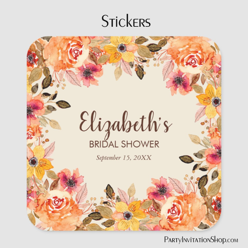Autumn Watercolor Flowers Bridal Shower Square Stickers