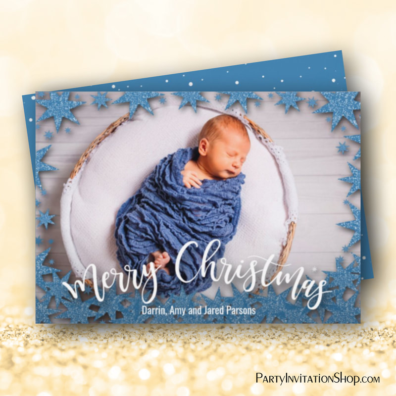 Stars Blue Faux Glitter Christmas Photo Holiday Cards
