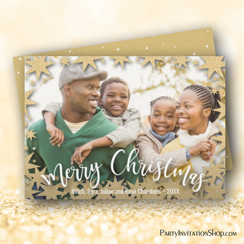 Stars Gold Merry Christmas Photo Holiday Cards