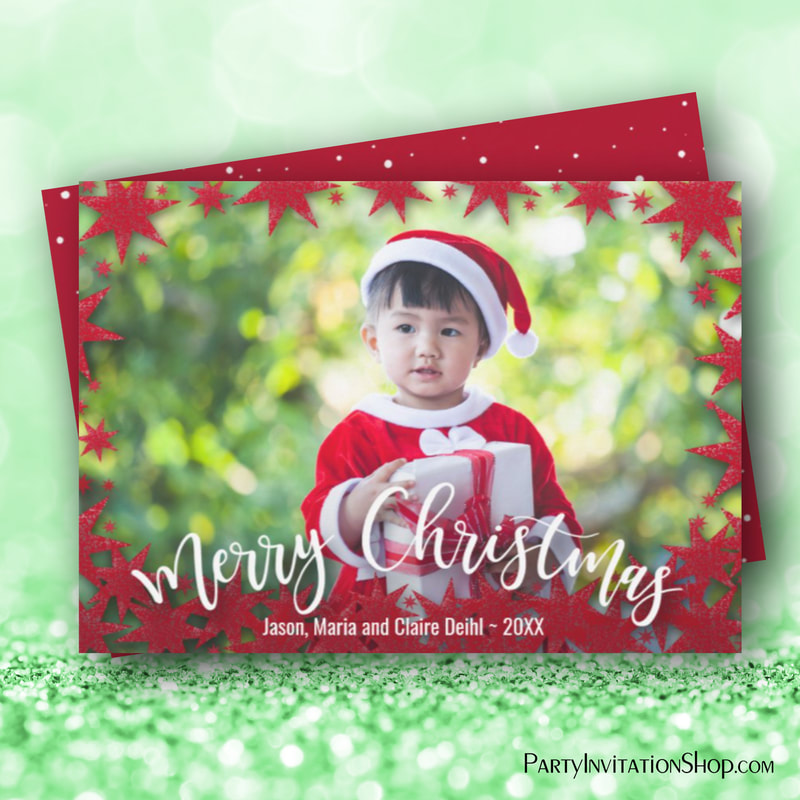 Red Stars Merry Christmas Script Photo Holiday Cards