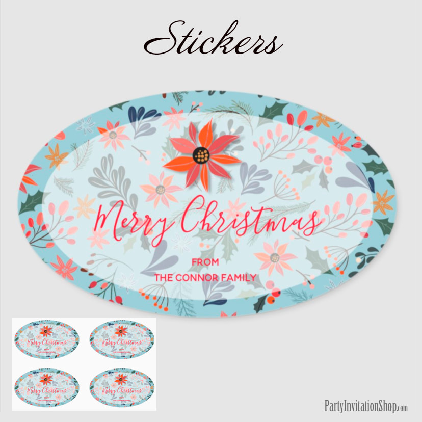 Poinsettia Berries Leaves Holiday Christmas Oval Stickers