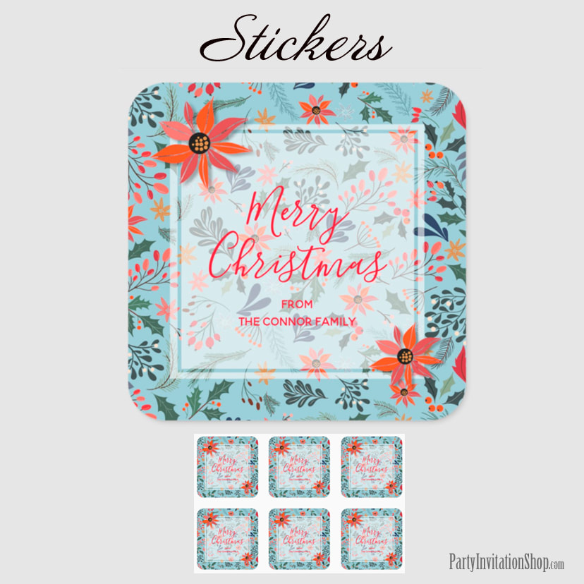 Poinsettia Berries Leaves Holiday Christmas Square Stickers