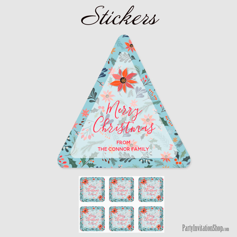 Poinsettia Berries Leaves Holiday Christmas Triangle Stickers