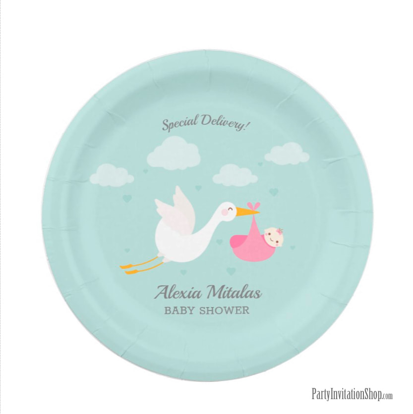 Stork and Pink Girl Baby Bundle Baby Shower Paper Plate