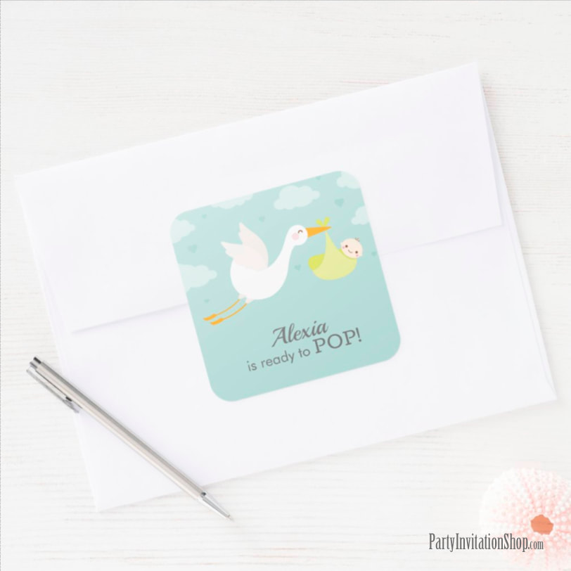 Stork Clouds and Unisex Bundle Baby Shower Square Sticker