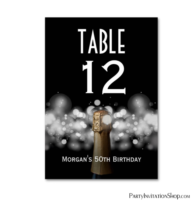 Champagne on Black & White Bokeh Table Number