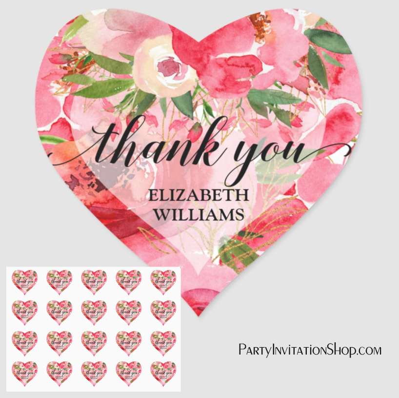Thank you Peony Flowers Heart Stickers